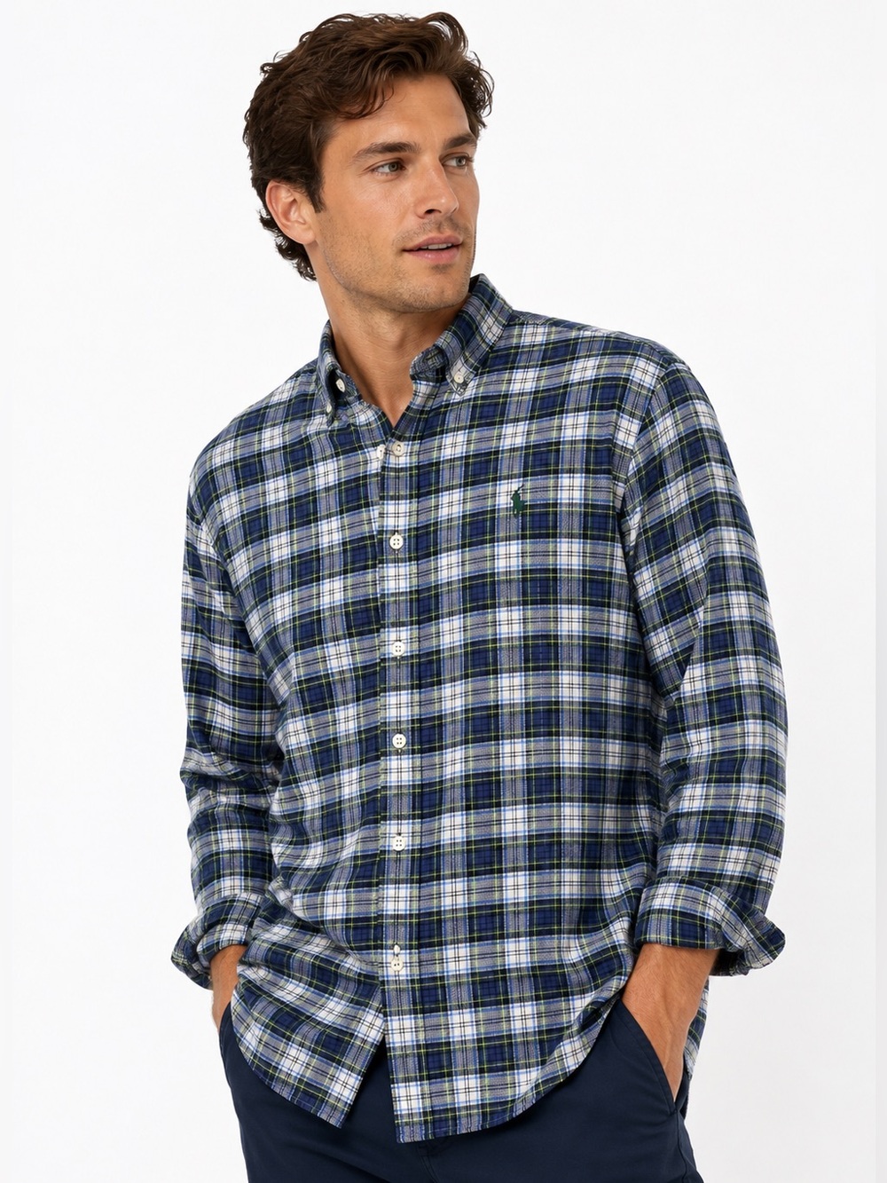 Ralph Lauren Custom Fit Plaid Button Down Shirt Blue Green Men’s L